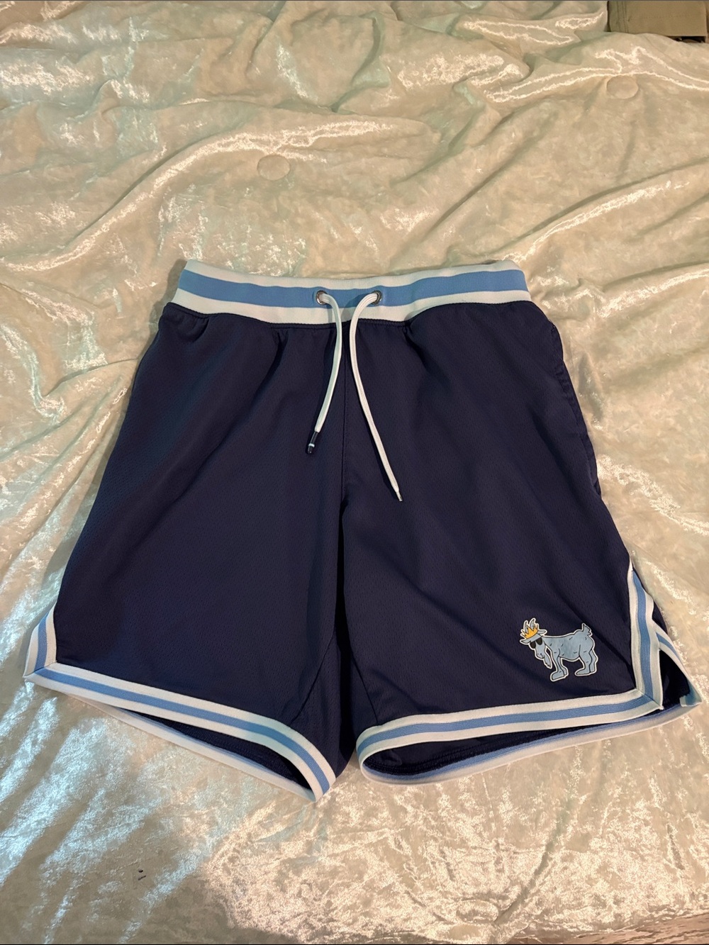 Navy Athletic Shorts with Light Blue Trim and Drawstring Waist